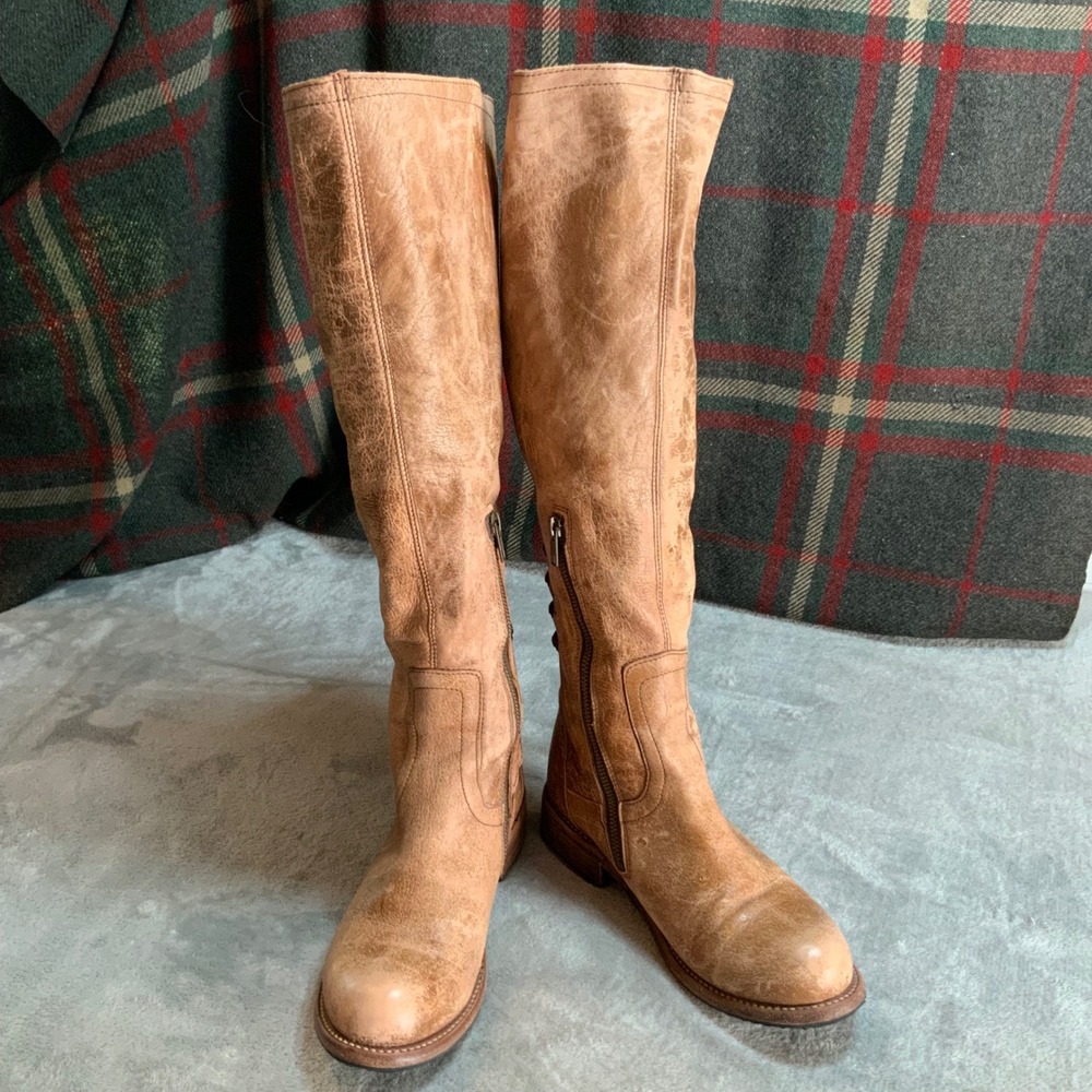 Bed Stu Manchester Tall Distressed Tan Leather Lace Up Boots Womens 8.5